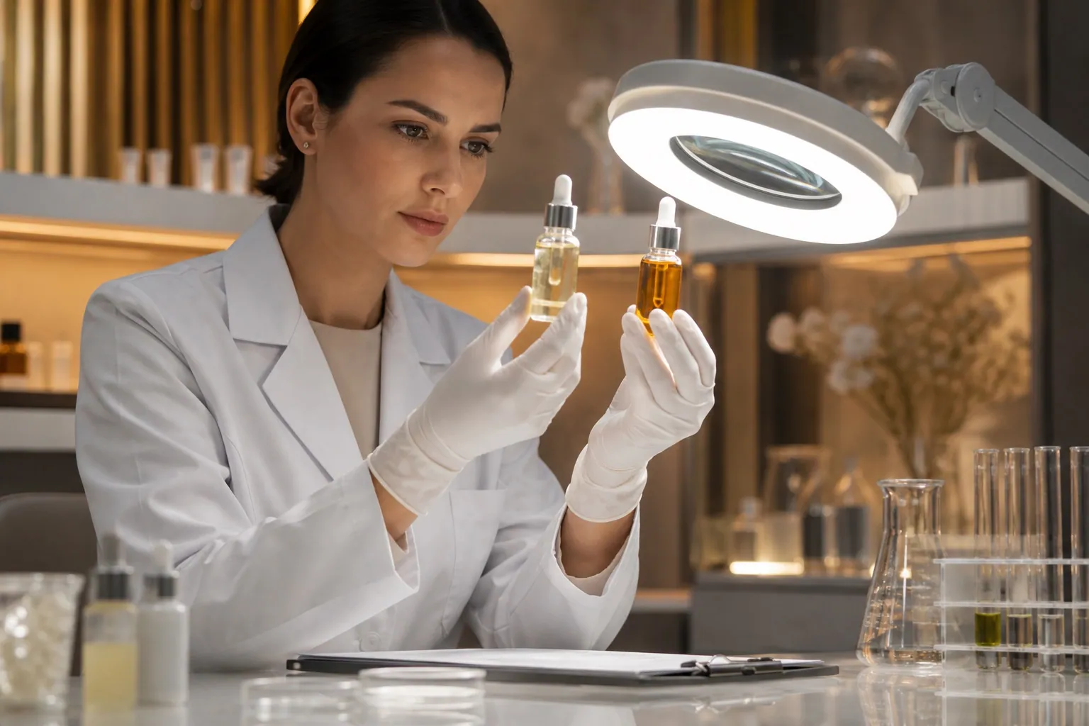 Cosmetic scientist comparing fresh and oxidized vitamin C serum samples