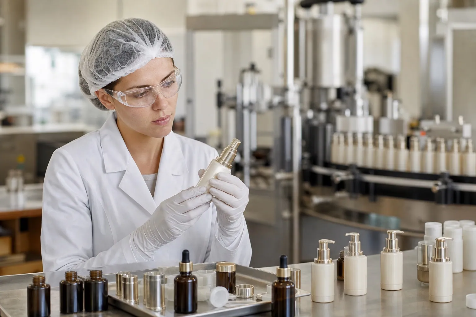Factory specialist inspecting vitamin C serum packaging components