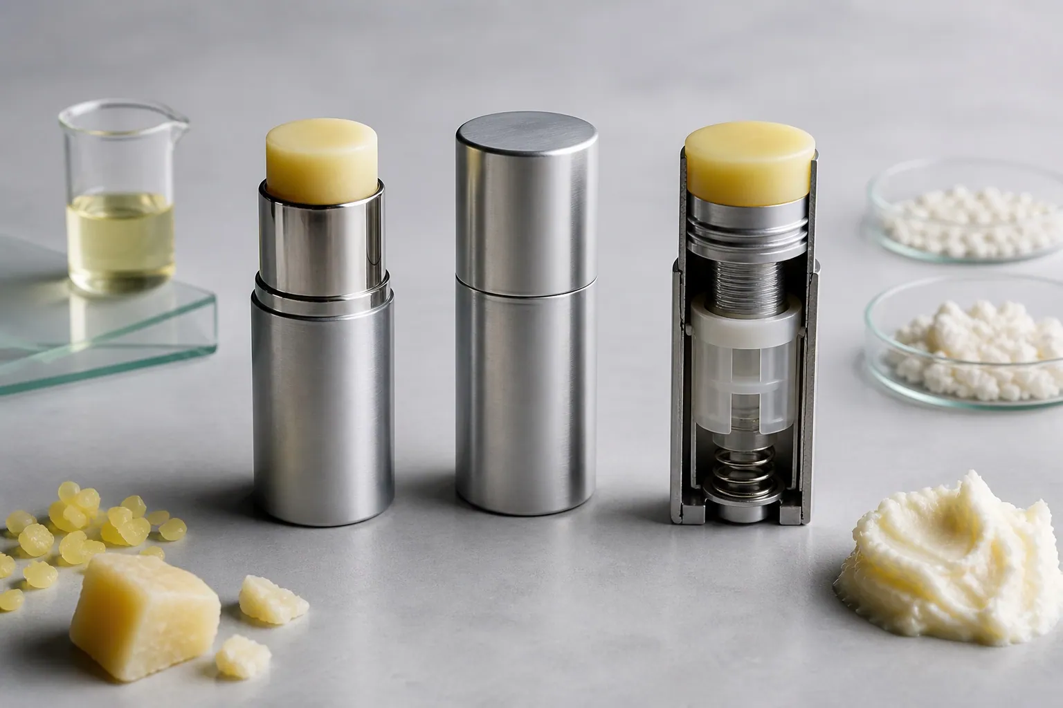 Solid balm sticks with component mechanism and material samples