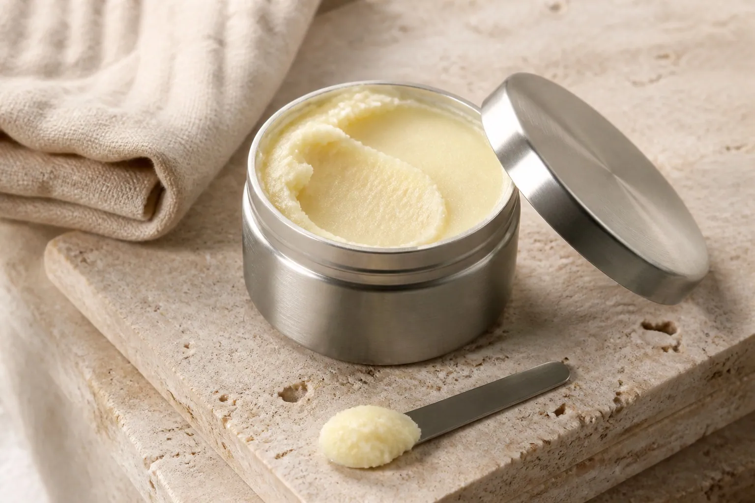 Anhydrous cleansing balm in a brushed metal jar