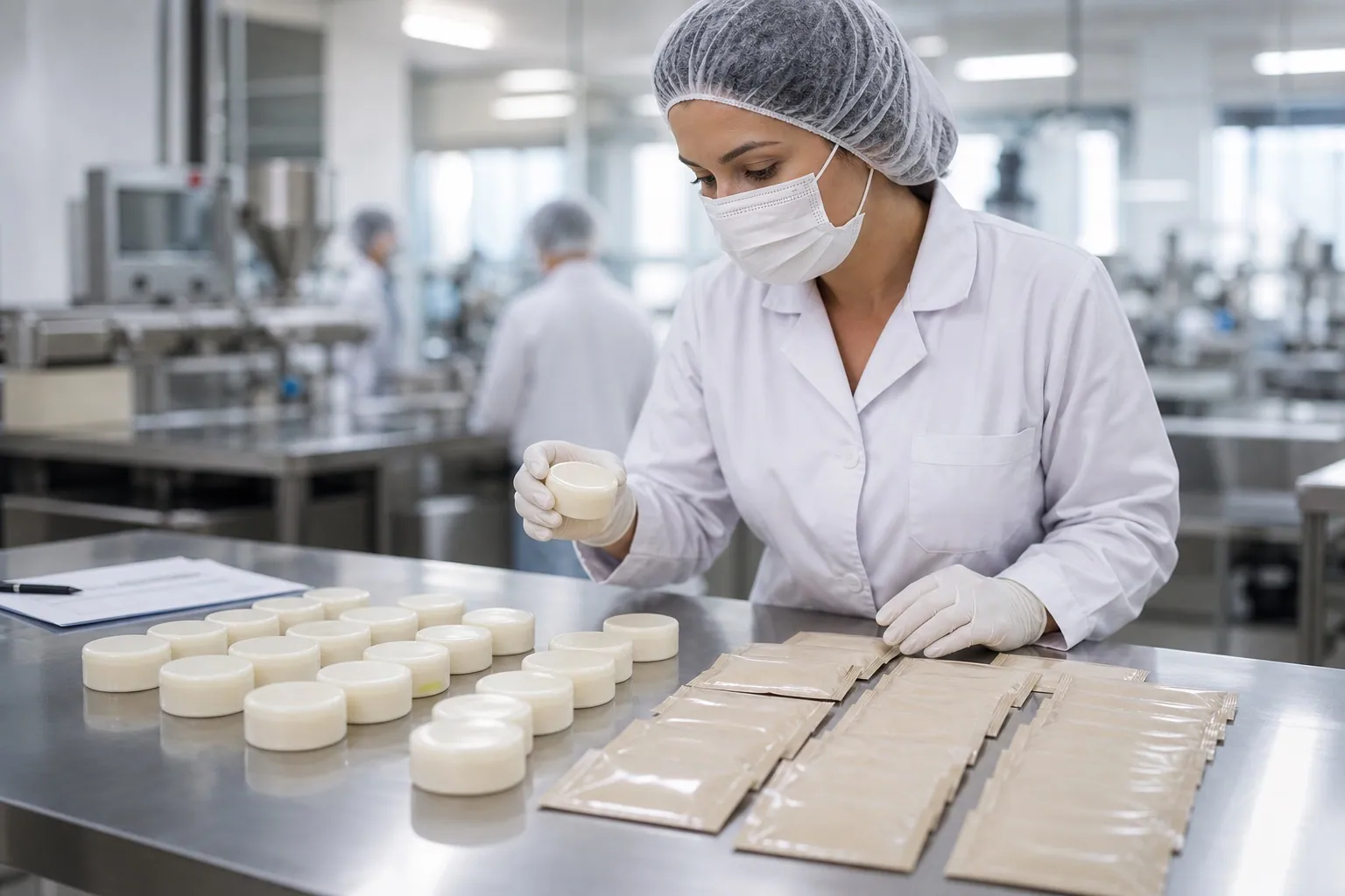 Factory specialist inspecting waterless cleansing bars and powder sachets