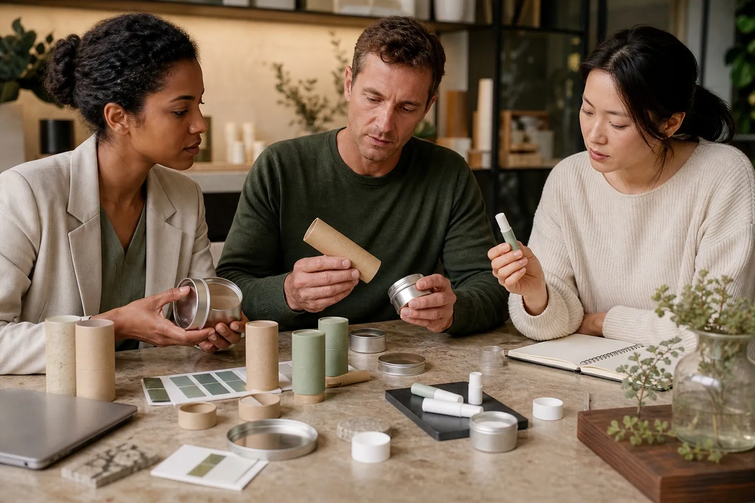 Product team reviewing metal, paper and mono-material skincare packaging
