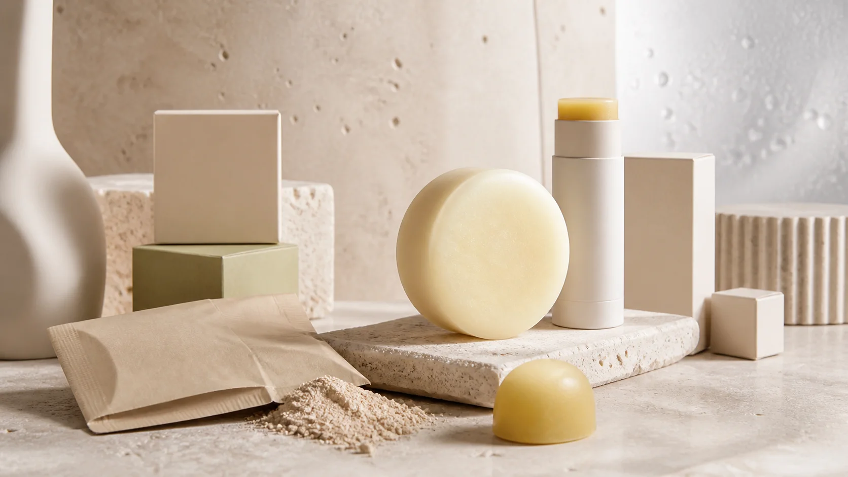 Waterless skincare bars, balm sticks and powder cleanser in a stone atelier