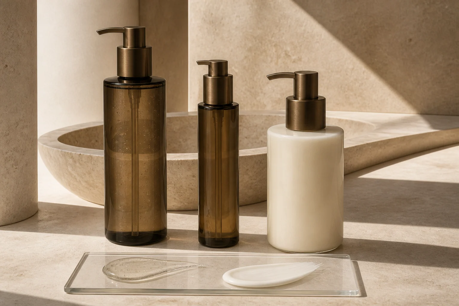 Unbranded body wash, body serum and body lotion arranged in an architectural stone setting