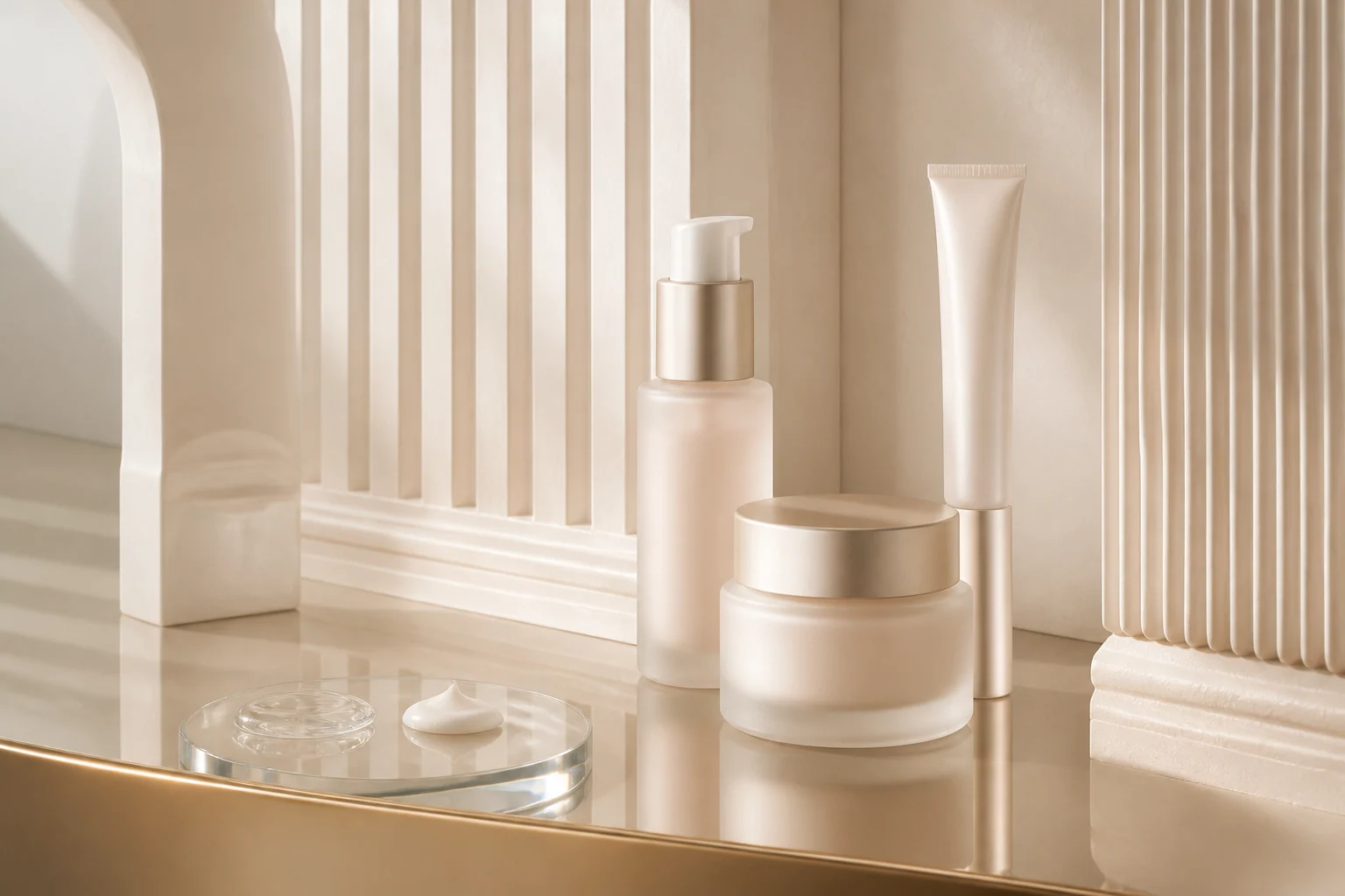 Unbranded coordinated skincare set with serum, cream and treatment packaging in a pearl studio