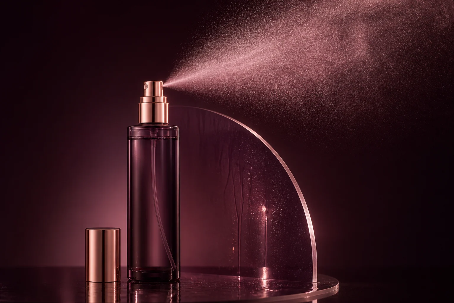Unbranded fine-mist body treatment spray with a controlled mist plume in an aubergine studio