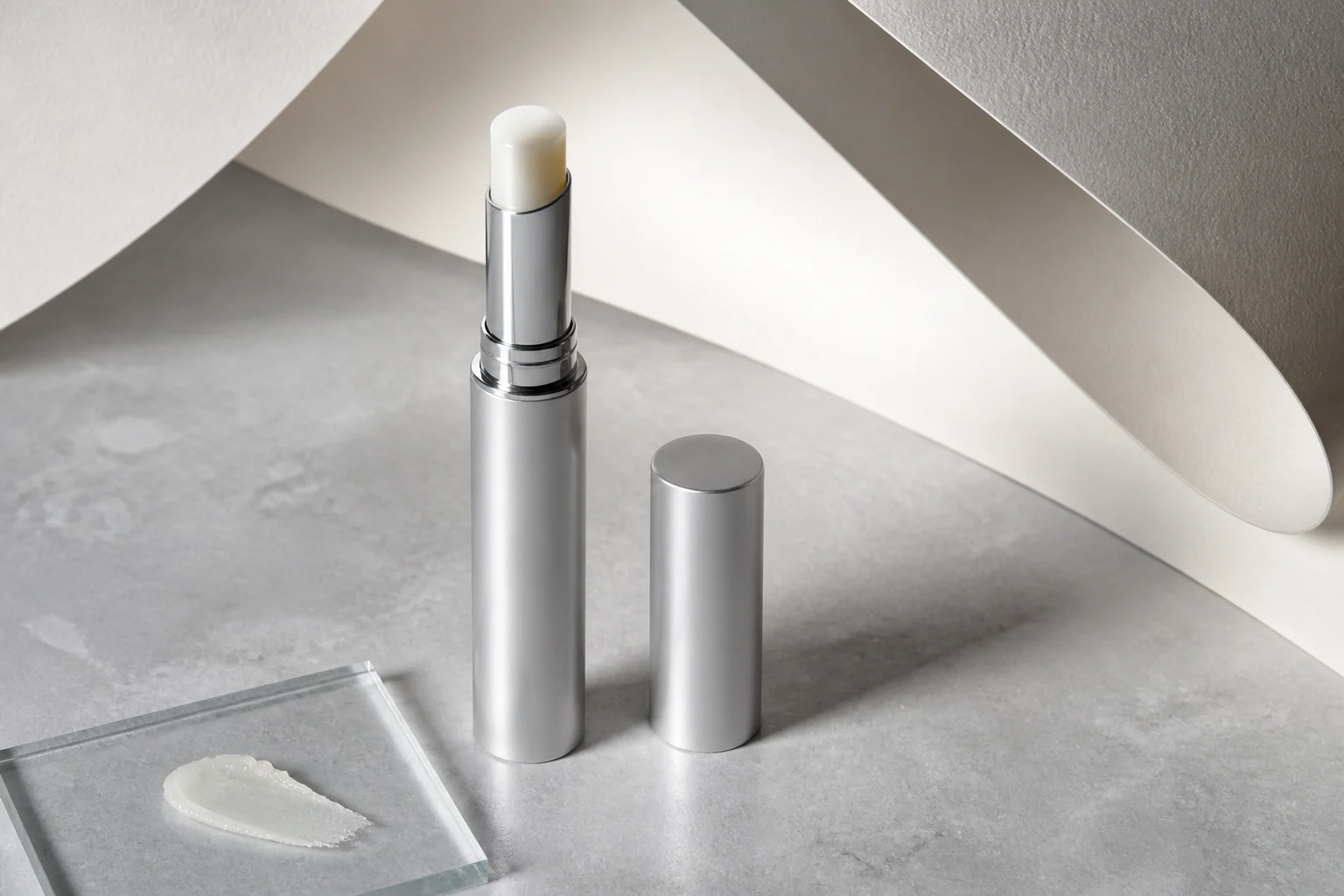 Slim unbranded eye-care balm stick in a minimalist pearl and silver still life
