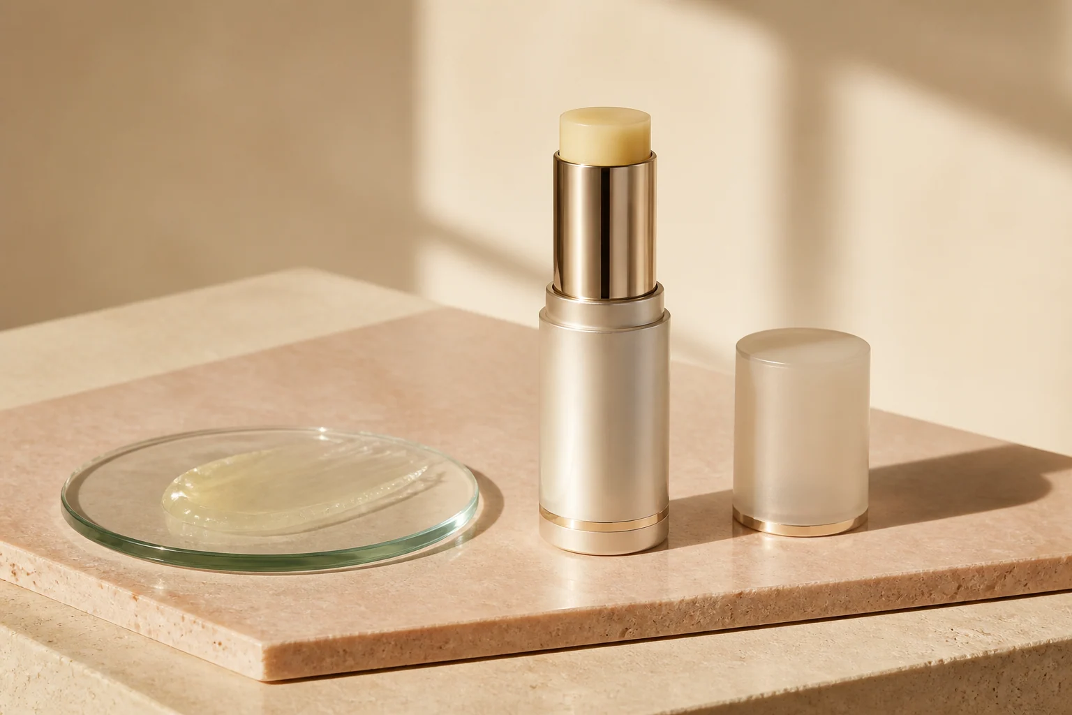 Unbranded facial balm stick with its cap and a translucent balm texture on warm limestone