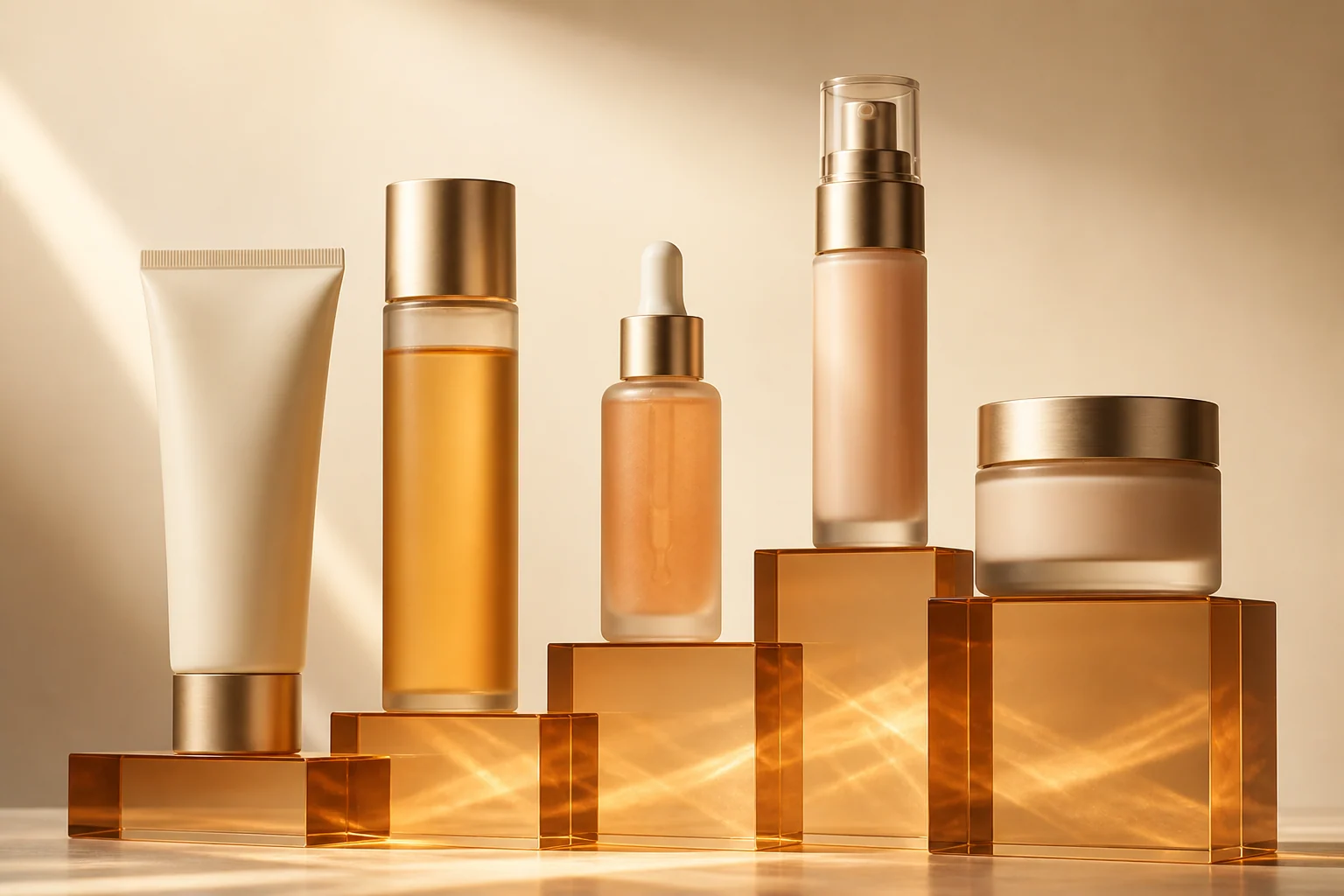 Five-piece unbranded glow skincare routine arranged on translucent amber blocks