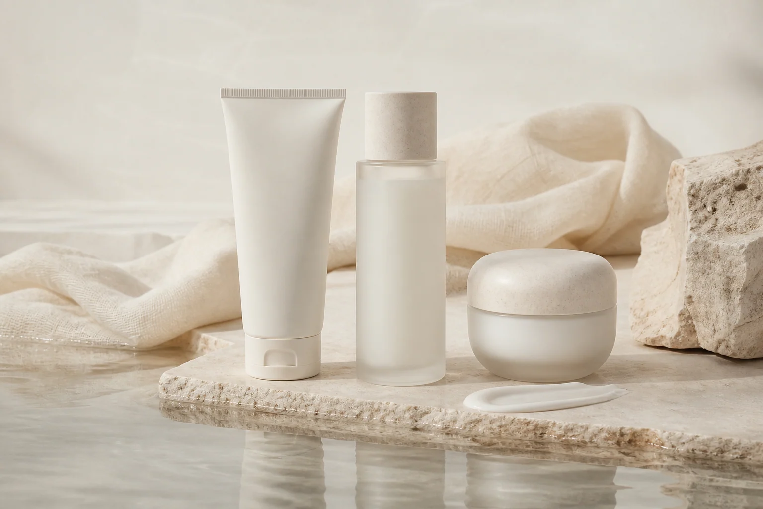 Three unbranded gentle skincare products styled with ivory fabric and pale stone