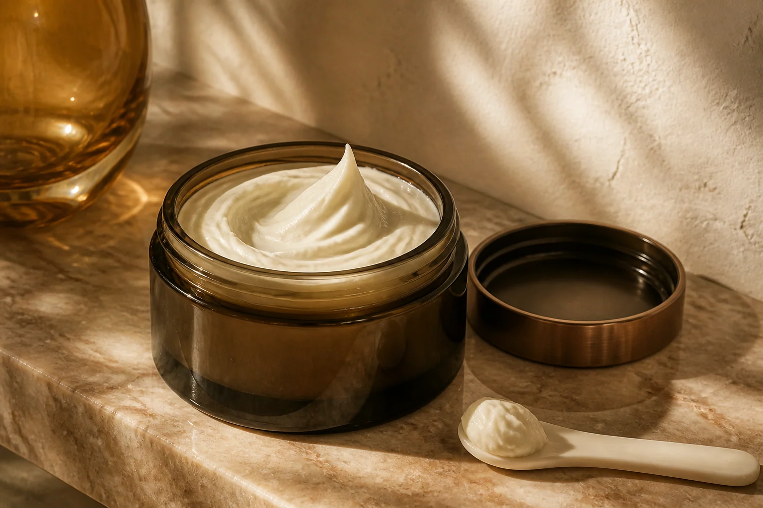 Open unbranded jar of rich whipped balm on warm caramel-veined stone