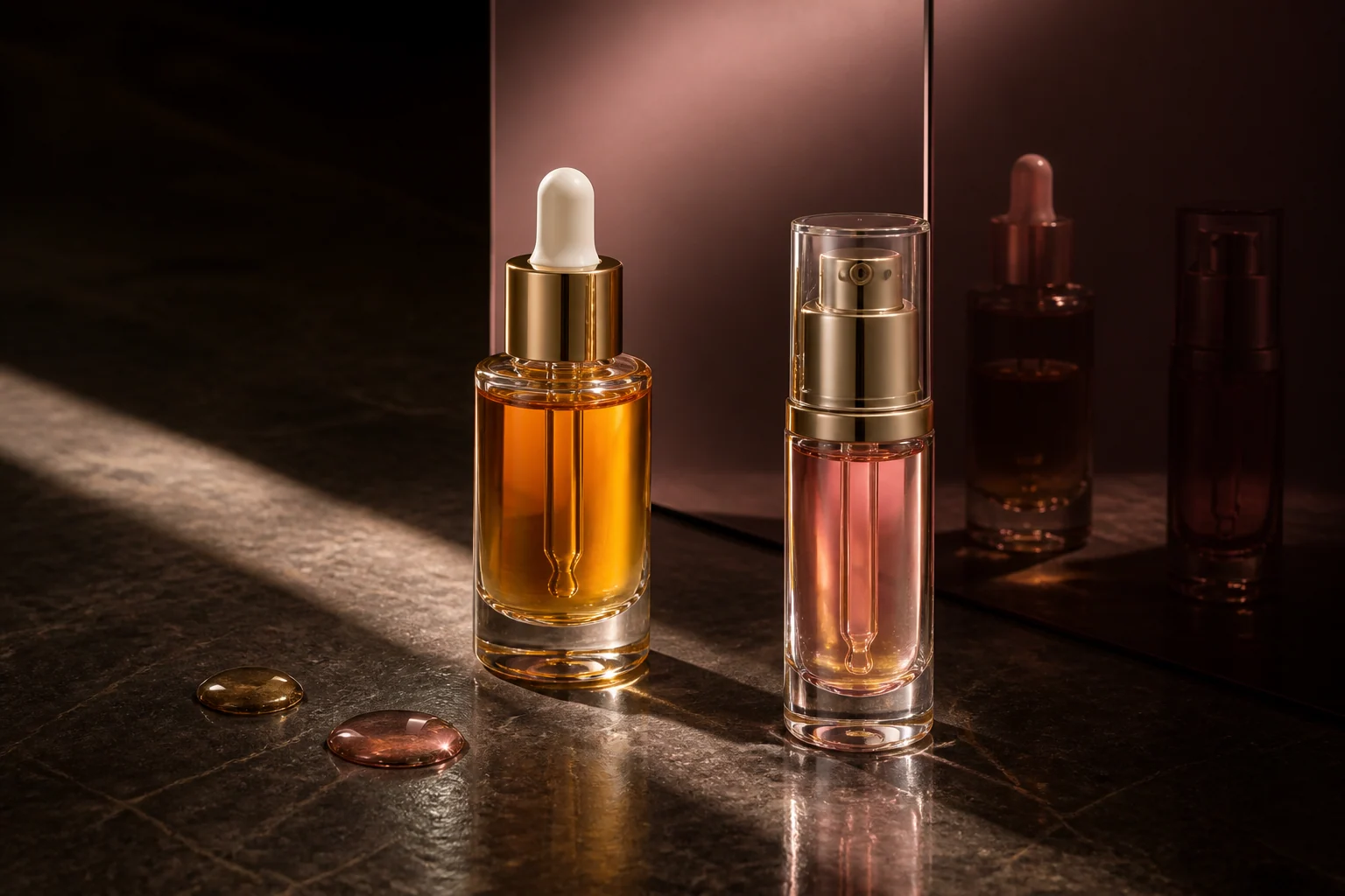 Two unbranded facial serum bottles in amber and rose glass against an espresso backdrop
