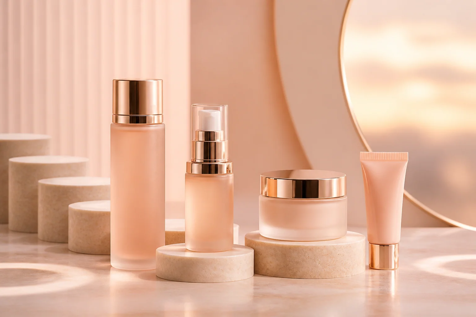 Unbranded four-piece glow skincare set arranged on blush stone plinths