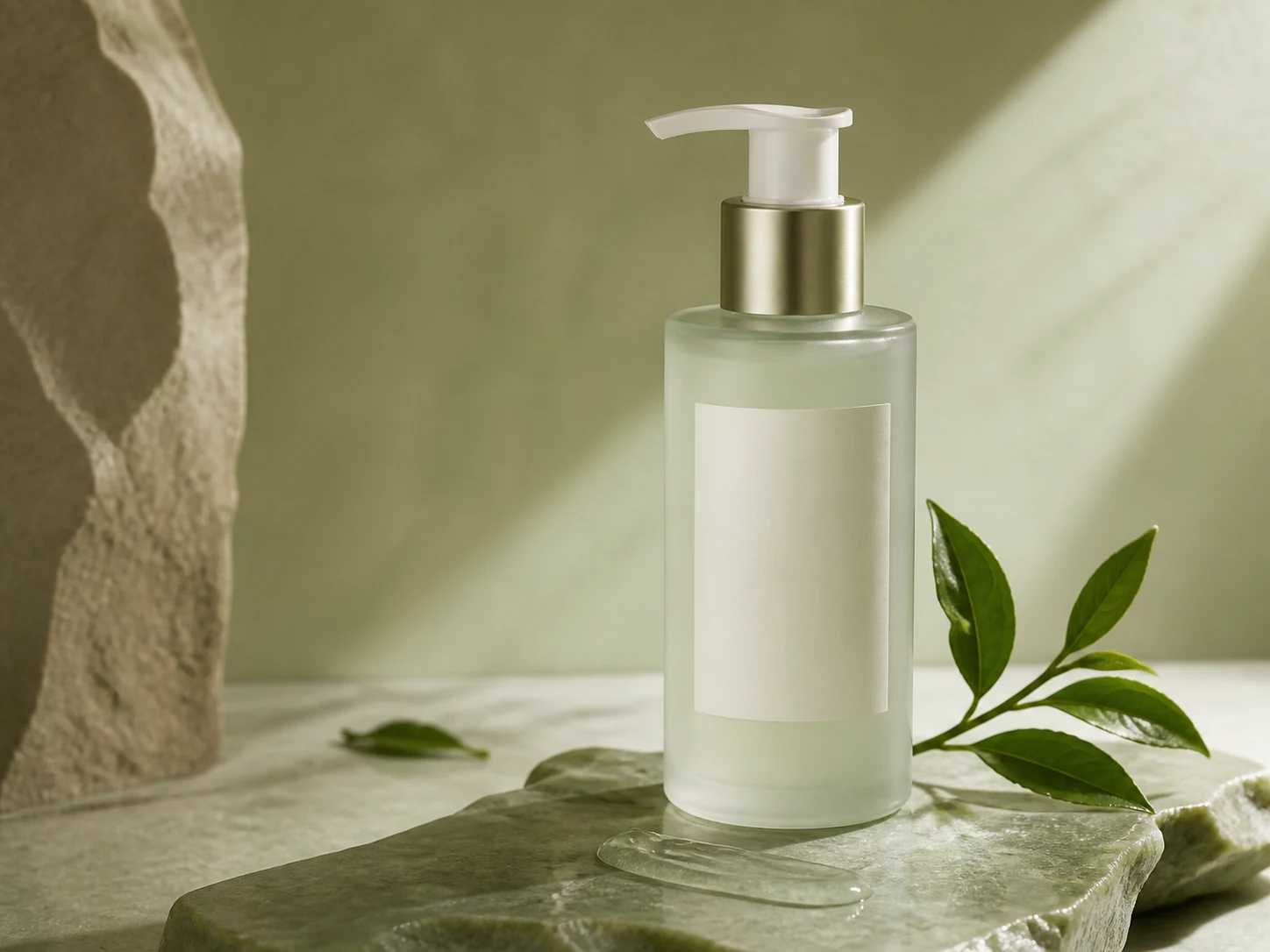 Gel cleanser with subtle tea leaf and sage stone accents
