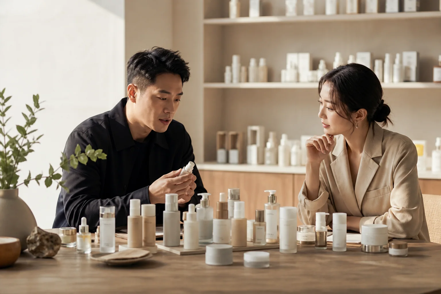Luxa product-development manager and beauty founder reviewing an unbranded skincare collection