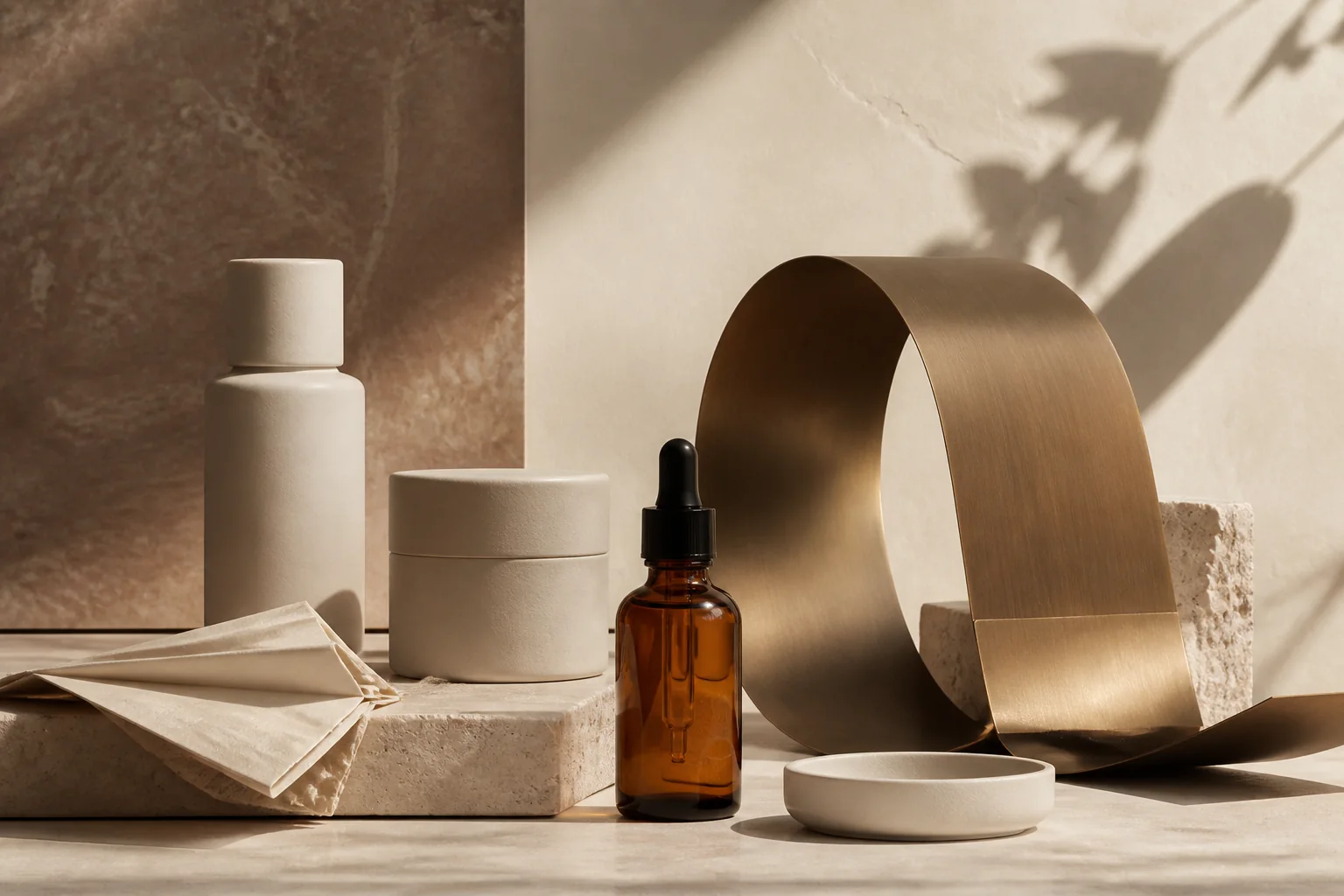 Abstract premium skincare composition with ceramic product forms and a sculptural brass ribbon