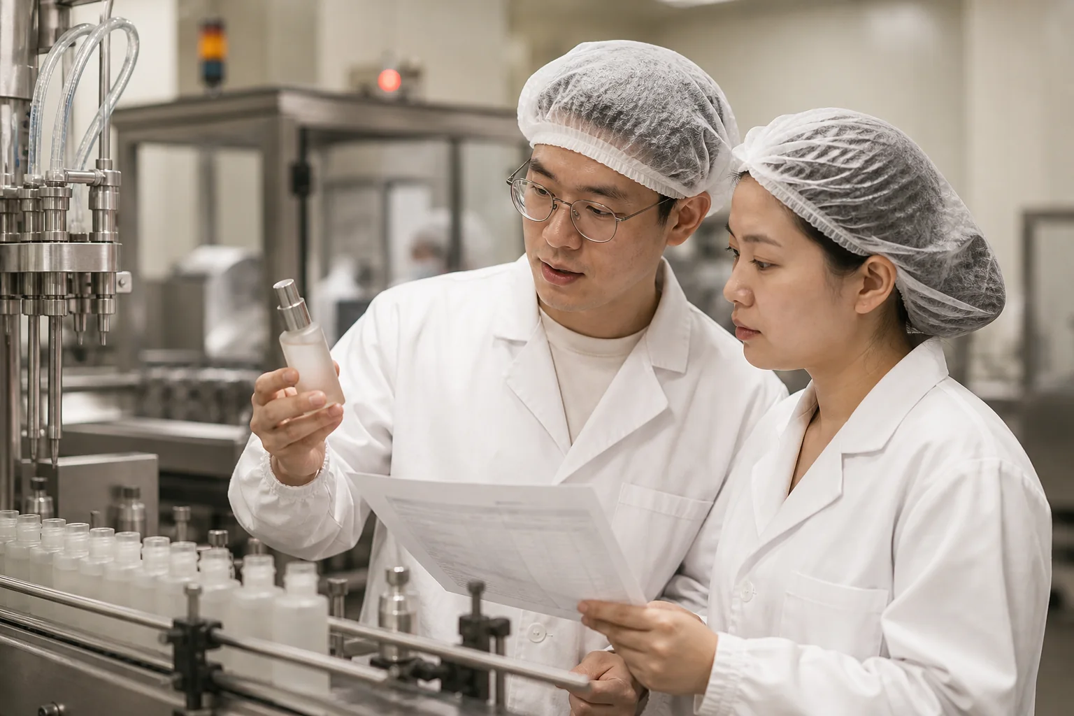 Chinese cosmetics technicians reviewing an unbranded skincare bottle beside a filling line