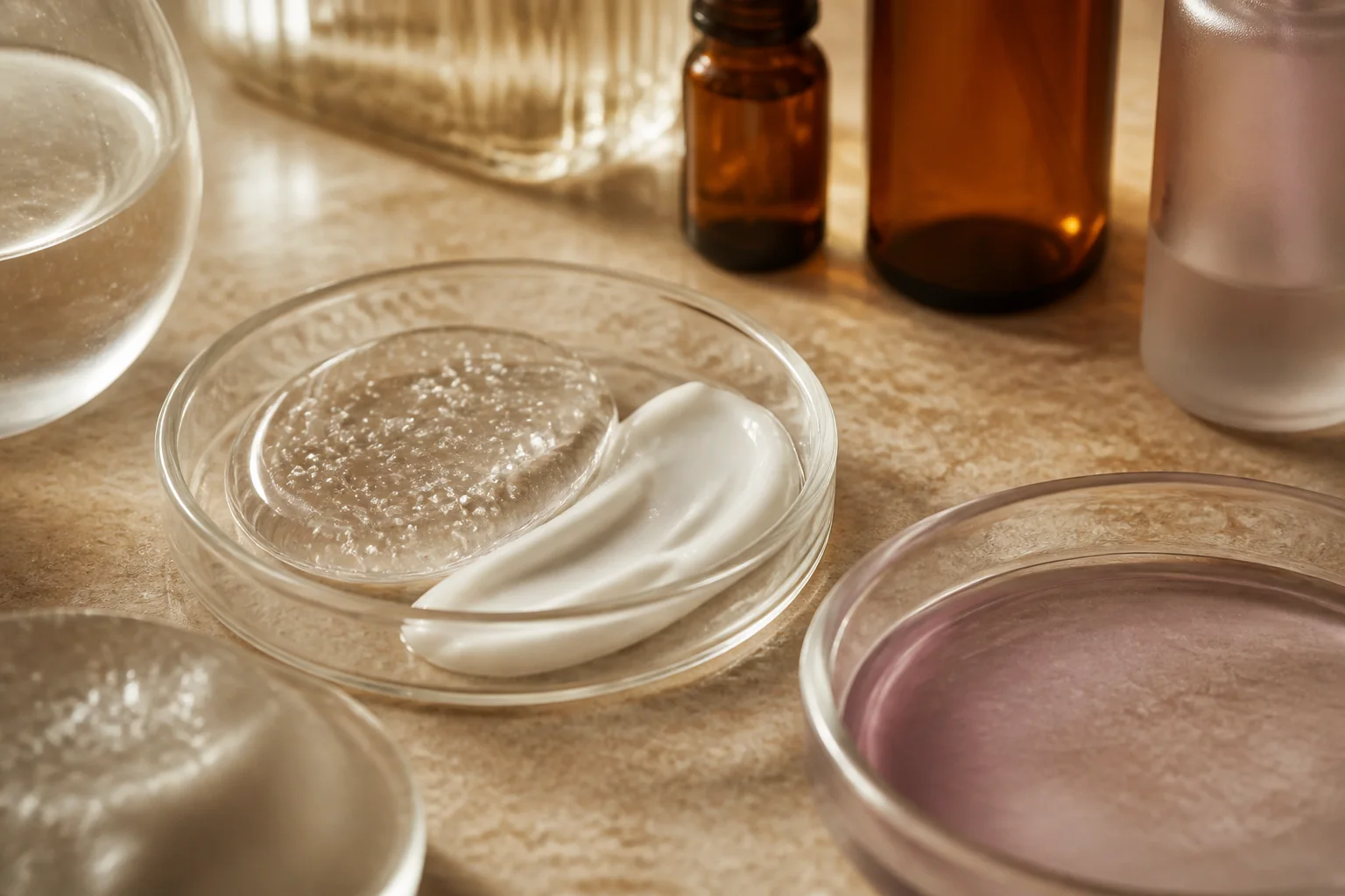 Skincare formula textures and unbranded laboratory samples