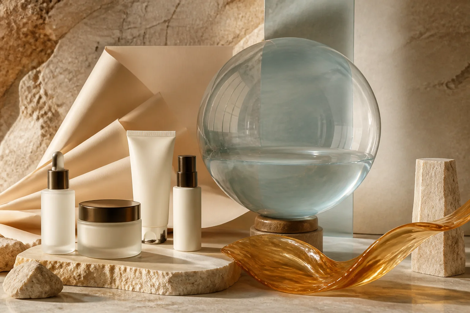 Abstract luxury skincare composition with blank product forms and warm stone