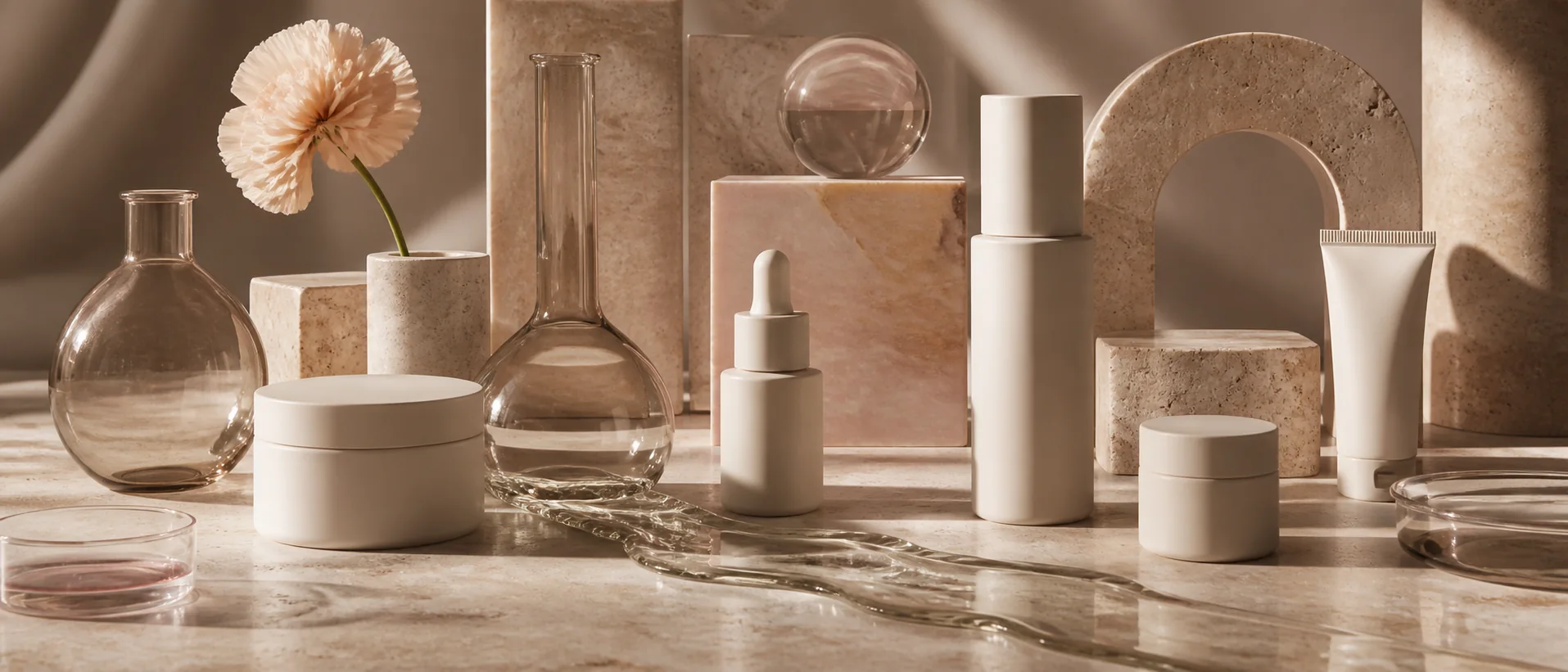 Sculptural still life of blank skincare forms, glass and warm stone