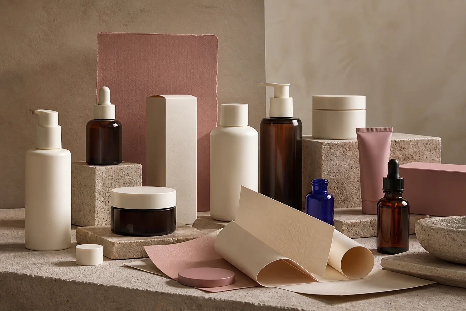 Unbranded skincare packaging components and material swatches