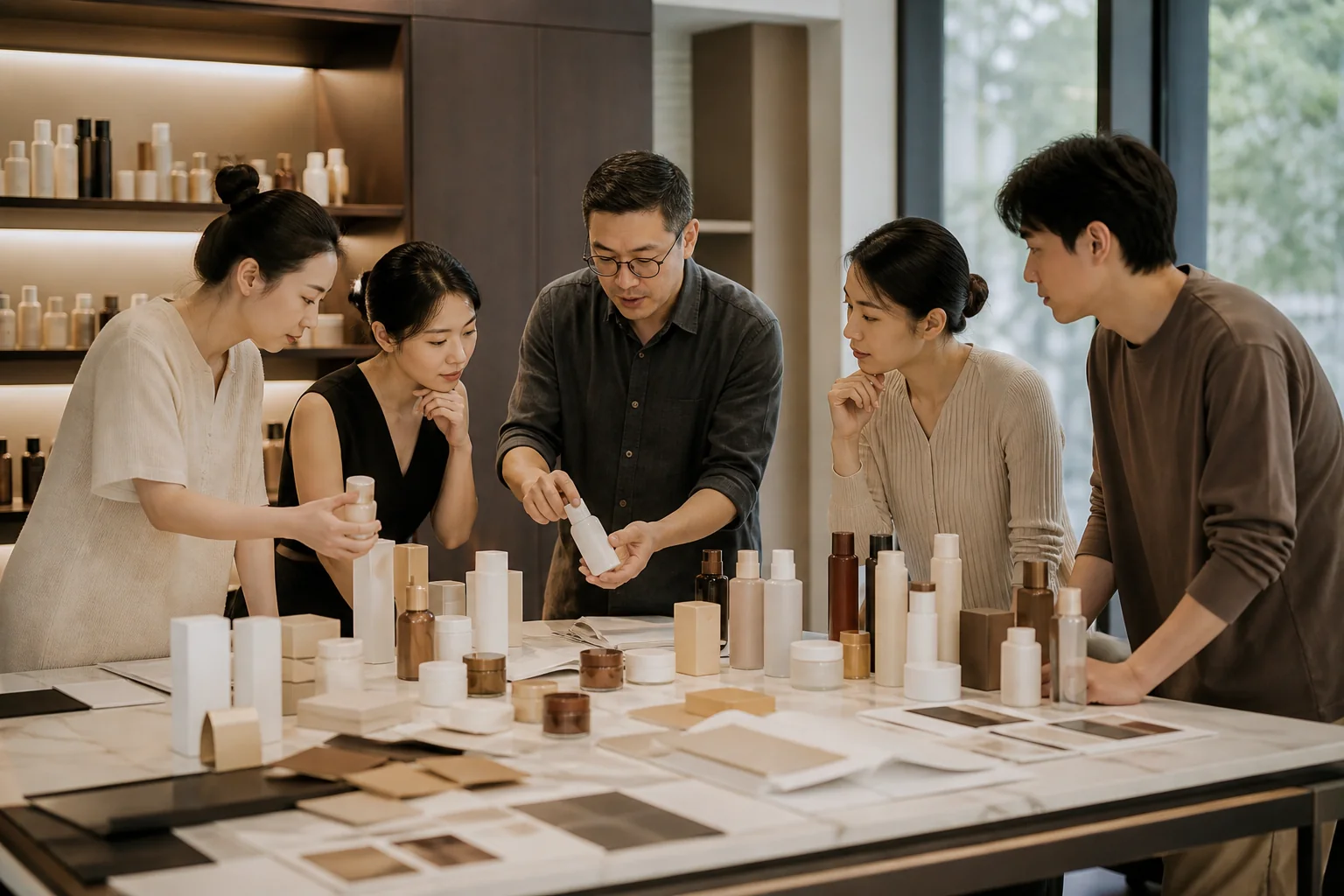 Luxa's Chinese packaging-development team reviewing unbranded skincare components