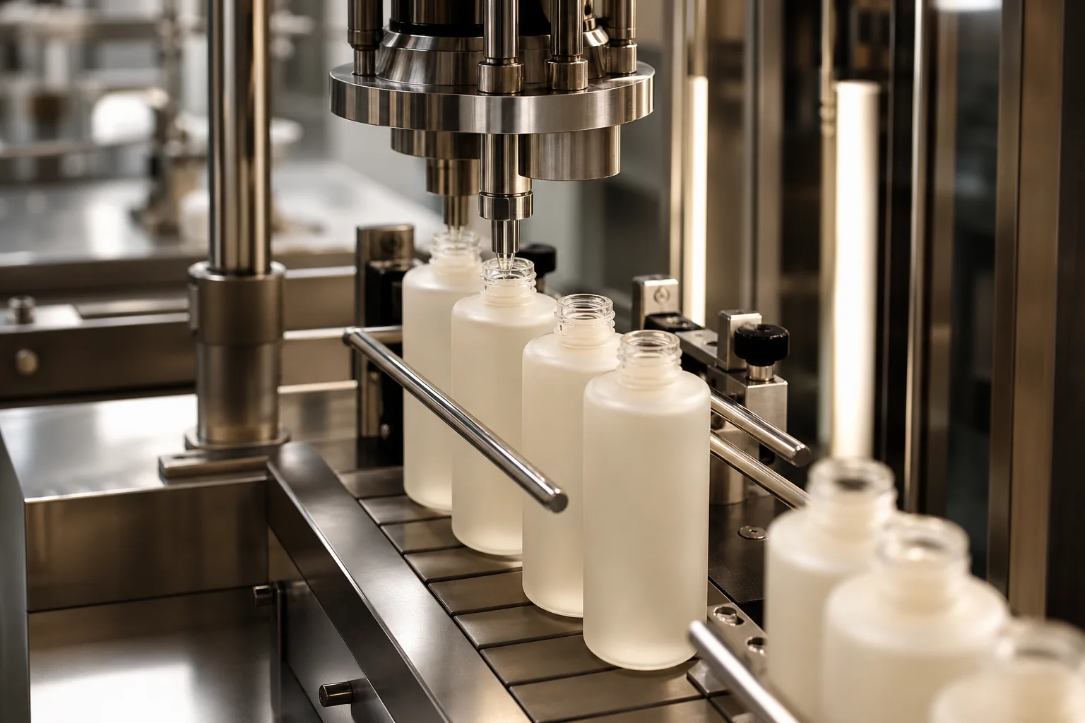 Unbranded skincare bottles moving through a cosmetics filling line