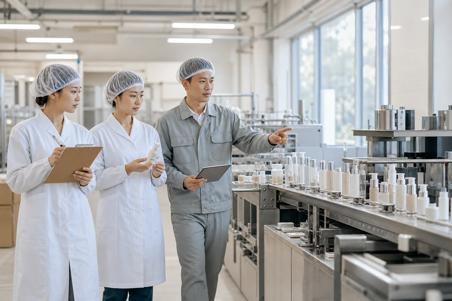 Luxa's Chinese quality and production team in a cosmetics manufacturing area