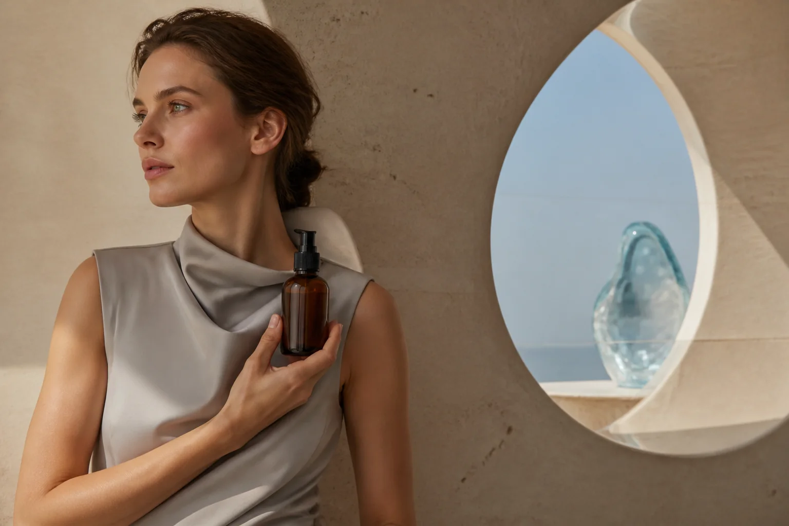 Western beauty model holding an unbranded amber skincare bottle