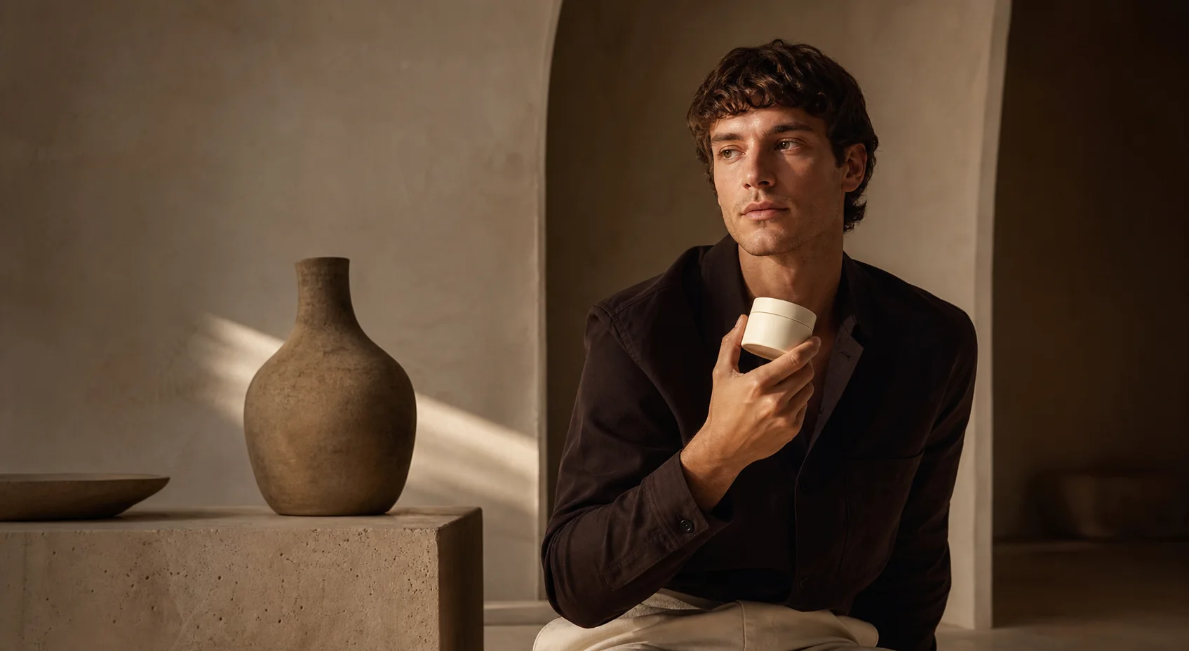 Western male beauty model holding an unbranded skincare jar