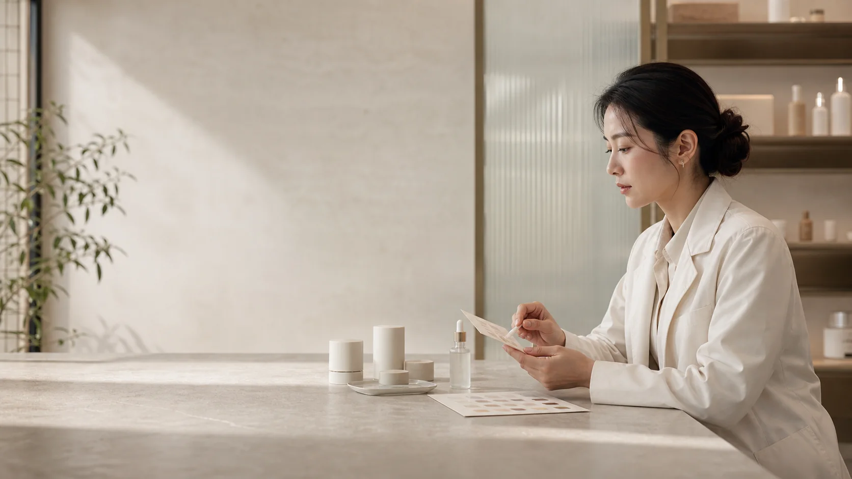 Chinese skincare product specialist reviewing unbranded packaging and formula colour samples