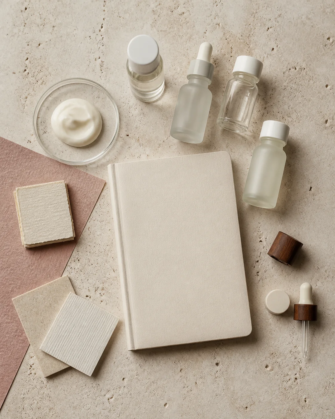 Unbranded skincare samples, material swatches and a blank product brief notebook