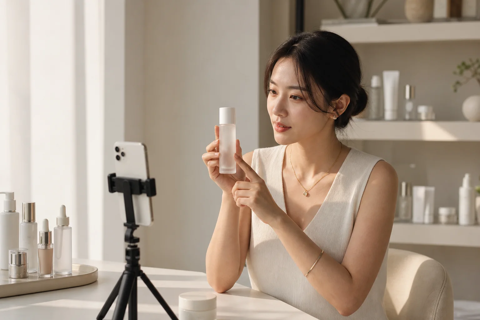 Beauty creator filming an unbranded skincare product video