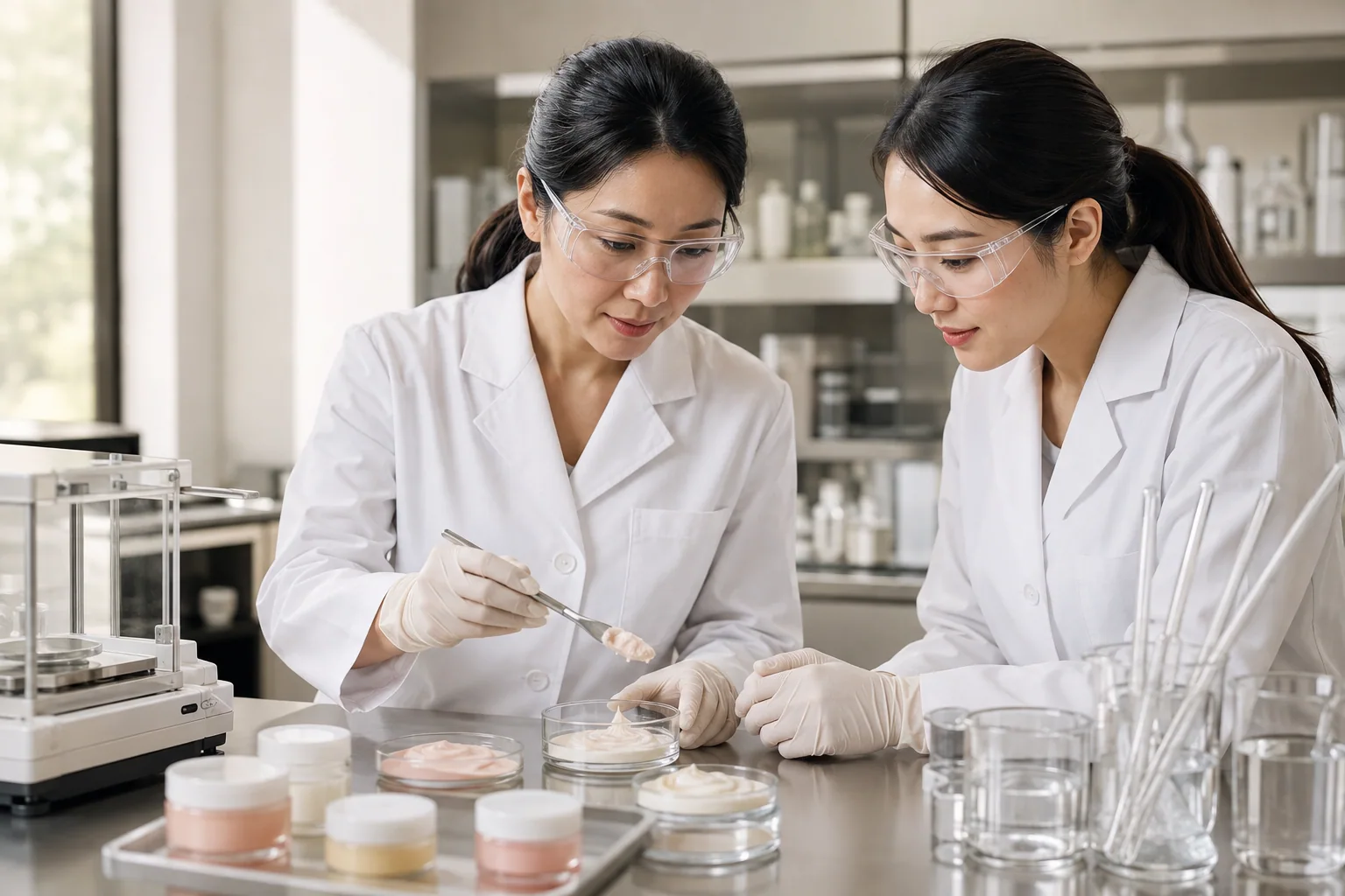 Illustrative R&D laboratory scene showing cosmetic scientists reviewing a cream sample
