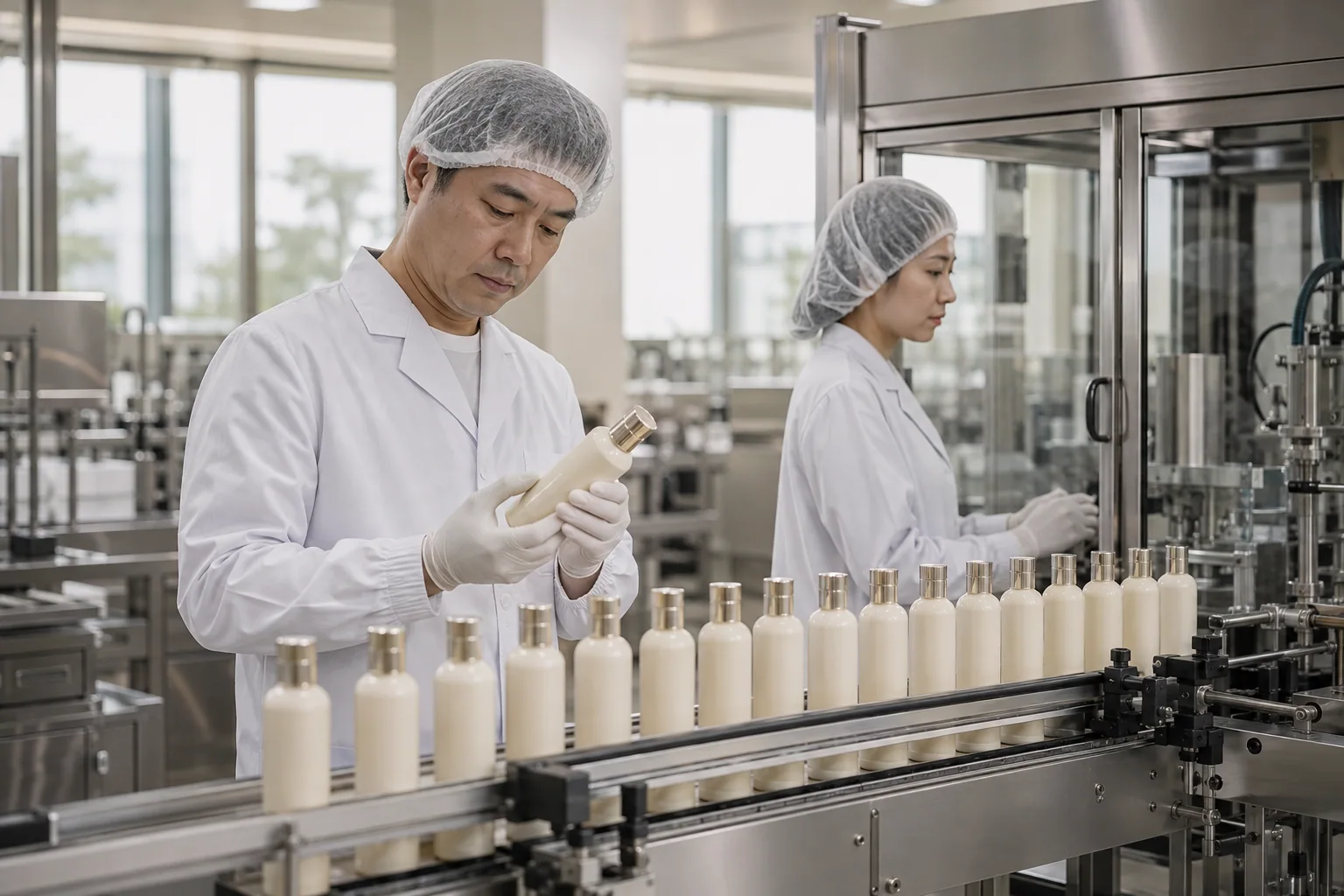 Illustrative cosmetic factory scene showing technicians inspecting bottles beside a filling line