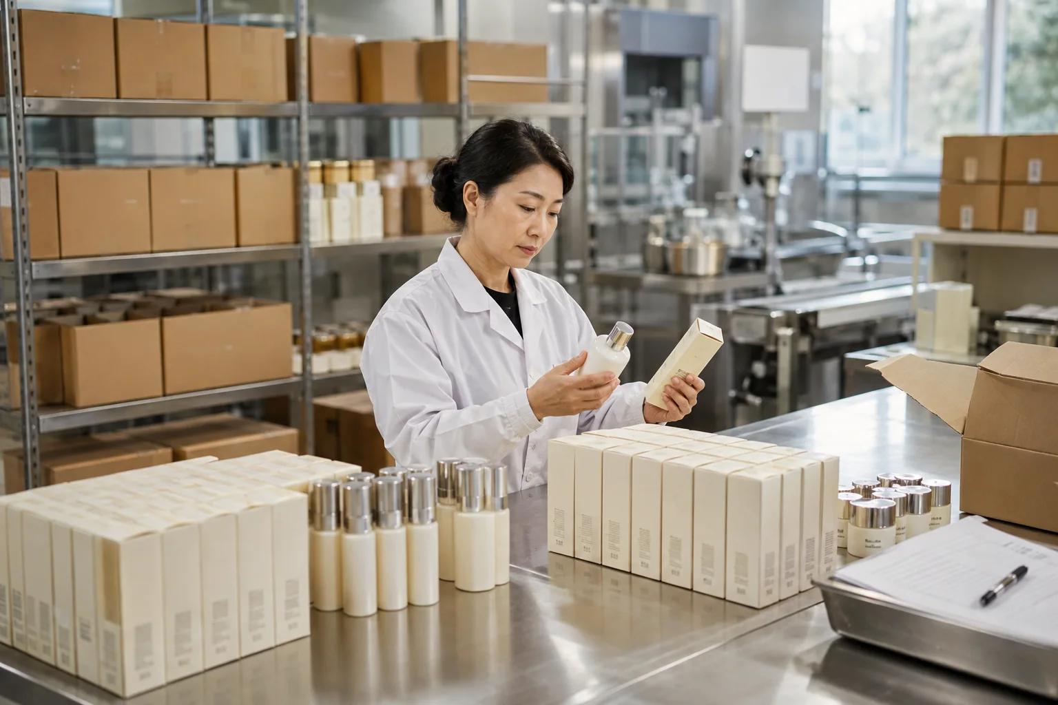 Illustrative factory dispatch scene showing a coordinator checking skincare cartons and finished packs