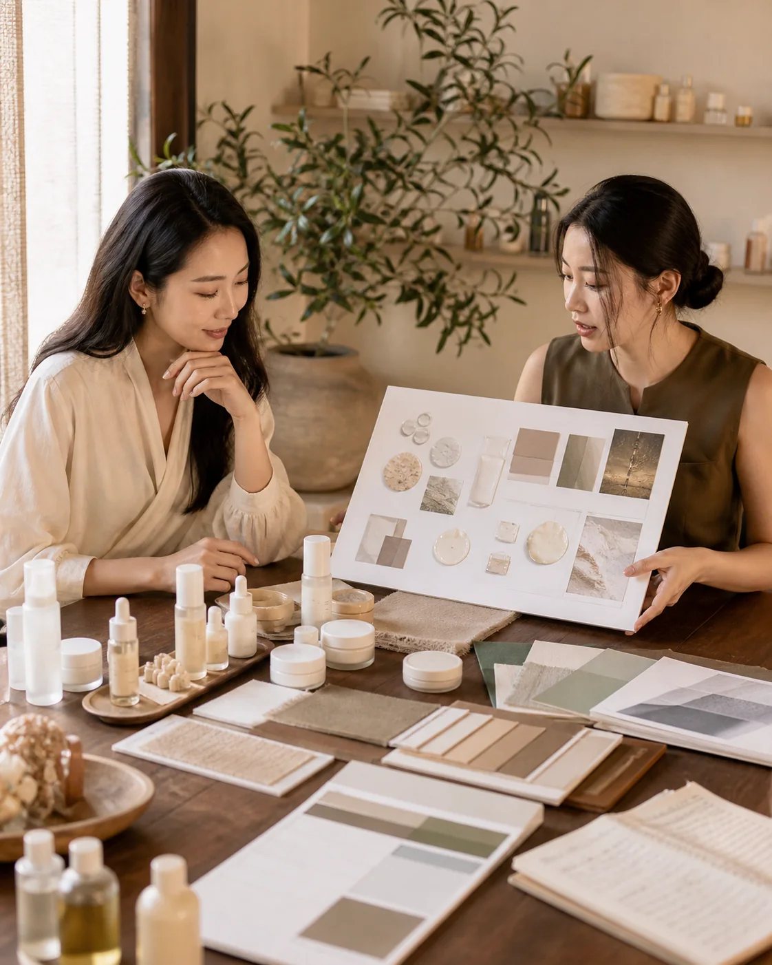 Beauty founders reviewing skincare samples and packaging references