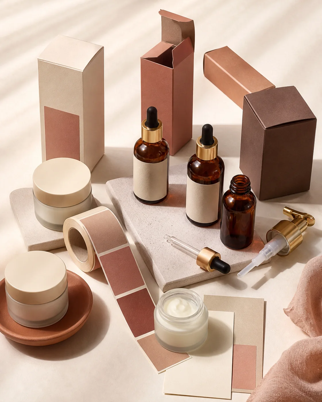 Cosmetic packaging components and cartons arranged on a studio table