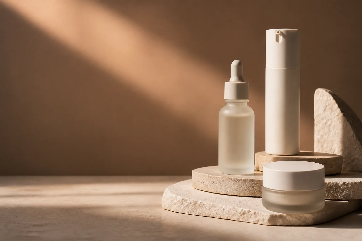 Sculptural still life of unbranded cosmetic packaging