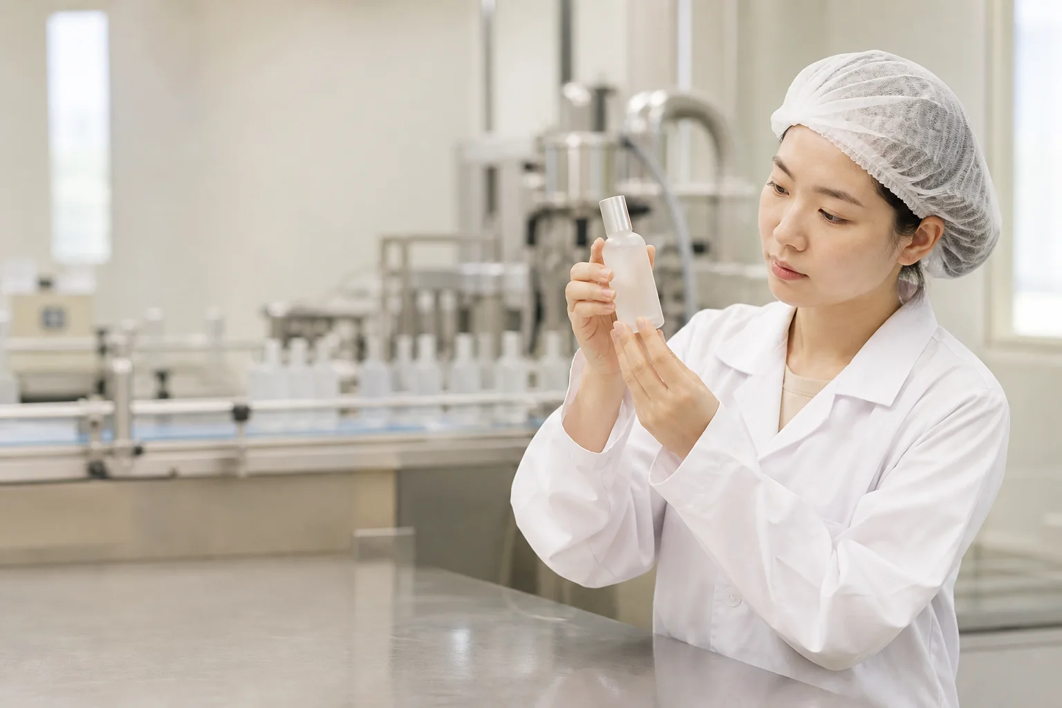 Technician inspecting an unbranded skincare bottle