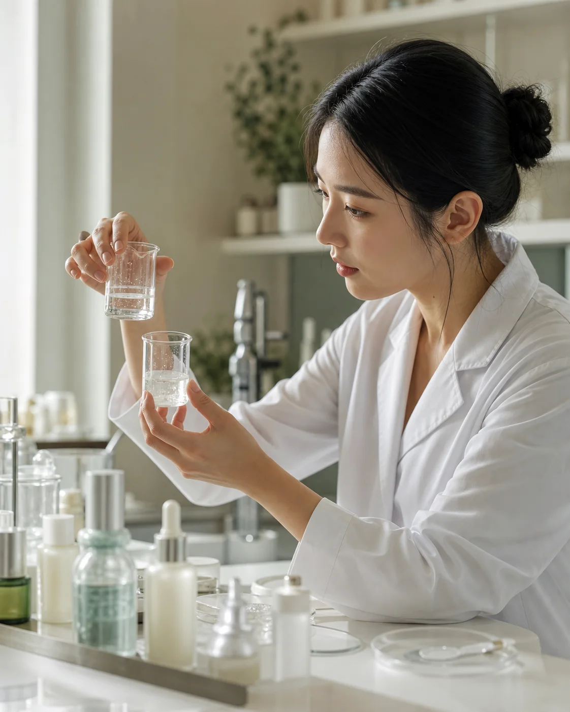 Formulation scientist reviewing serum textures in a skincare laboratory