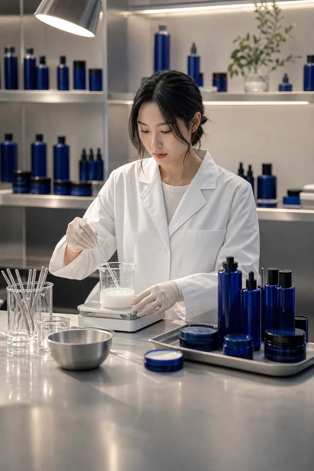 Cosmetic scientist preparing ODM skincare samples