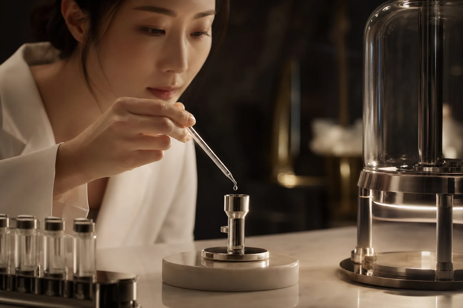 Precision serum formulation with cosmetic chemist hands and glass pipette