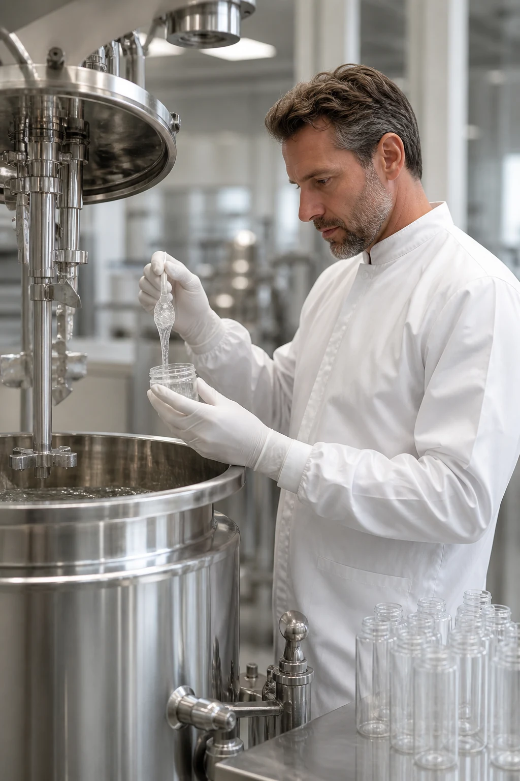 Quality specialist inspecting skincare formula during OEM production