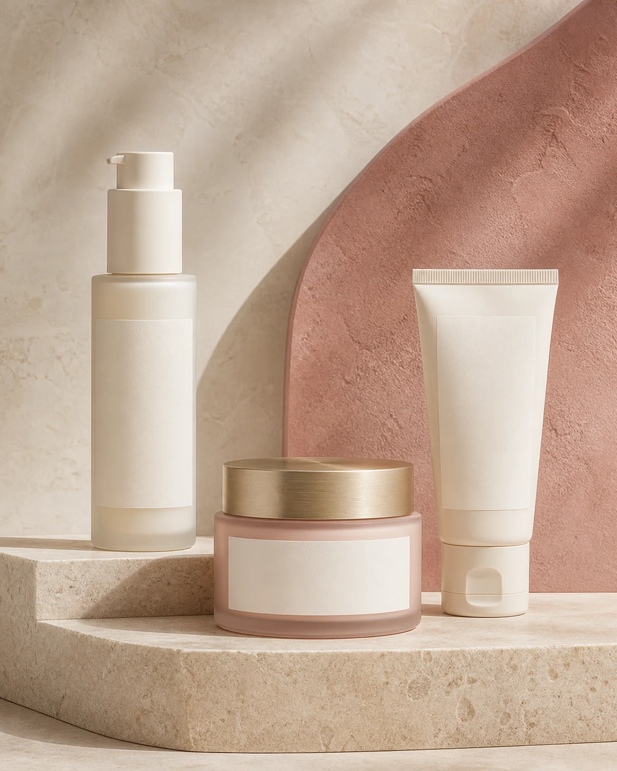 Unbranded barrier face cream airless pump, jar and tube on limestone plinths