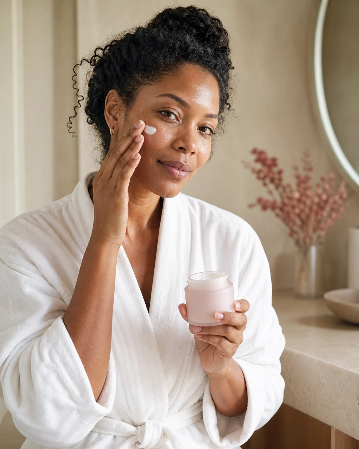 Woman applying face cream to her cheek from an unbranded blush jar
