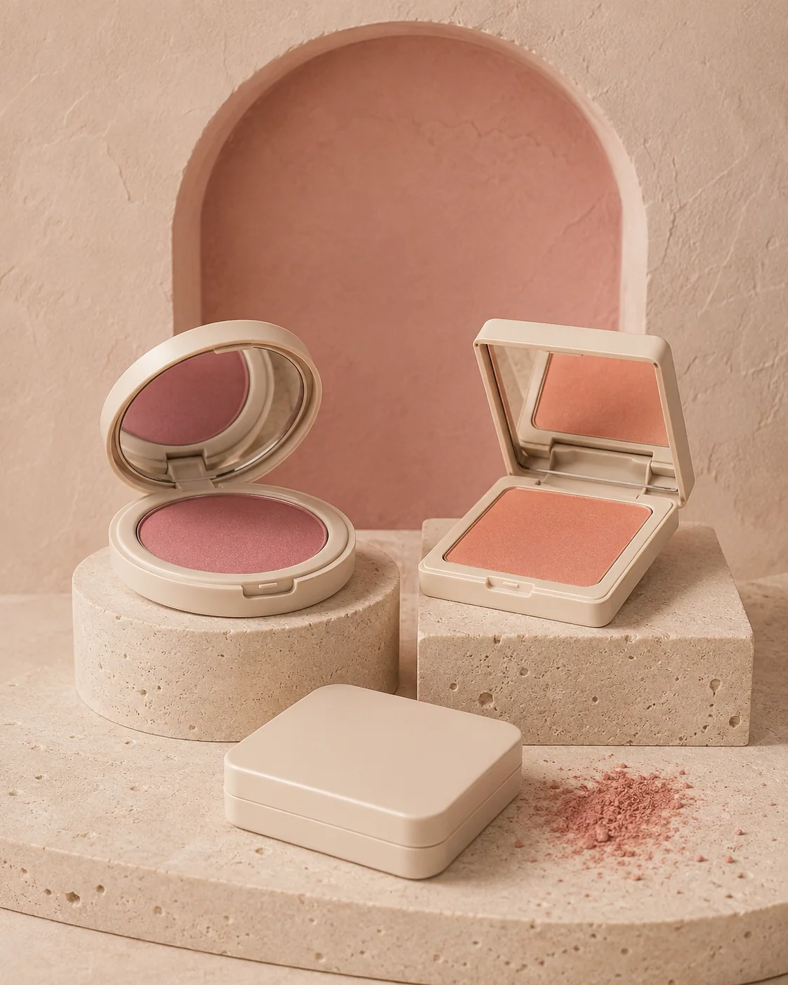Unbranded blush products in a warm-toned cosmetics arrangement
