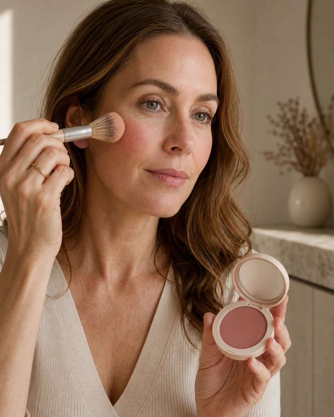 Woman blending blush onto her cheek with a brush