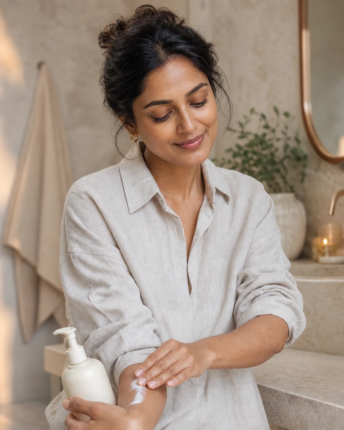 Adult model using an unbranded Body lotion as part of a daily routine