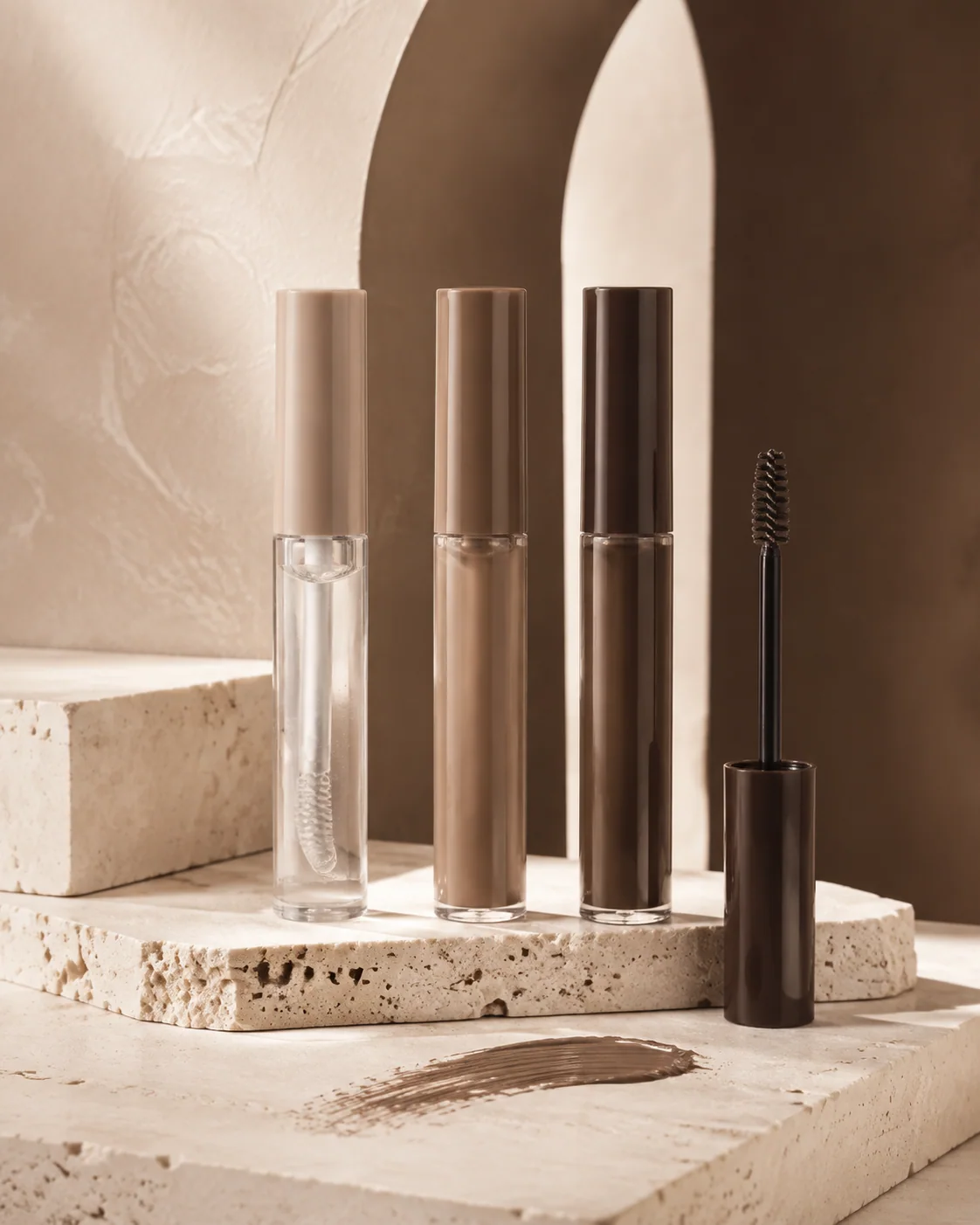 Unbranded taupe brow gel tubes with precision spoolie applicators on limestone